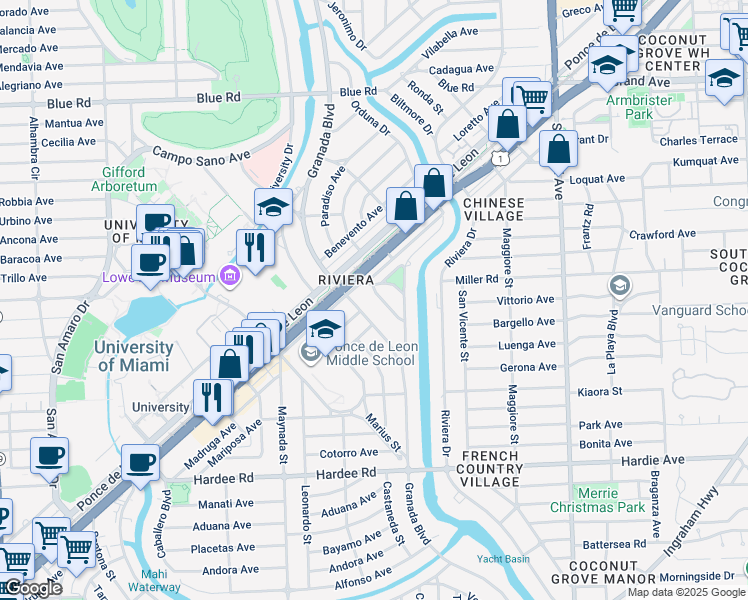 map of restaurants, bars, coffee shops, grocery stores, and more near 5508 Sardinia Street in Coral Gables