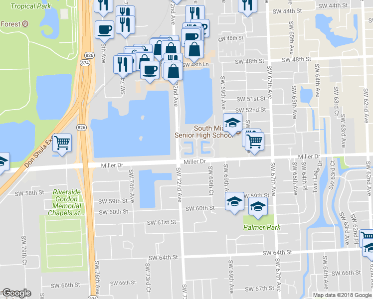 map of restaurants, bars, coffee shops, grocery stores, and more near 7170 Southwest 55th Terrace East in Miami