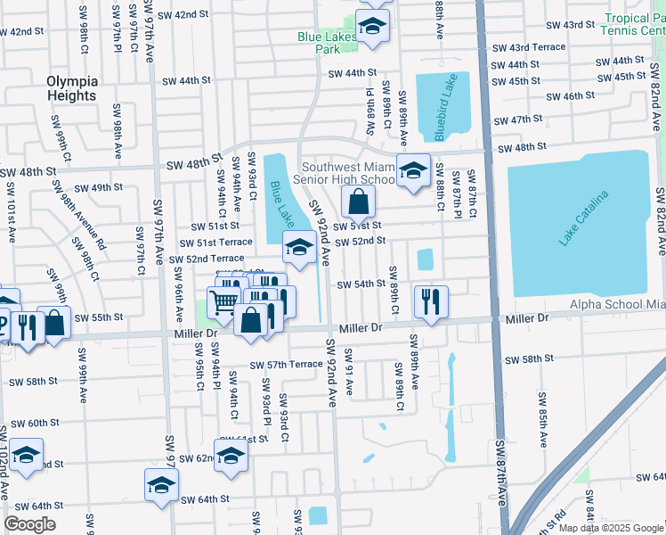 map of restaurants, bars, coffee shops, grocery stores, and more near 5317 Southwest 92nd Avenue in Miami