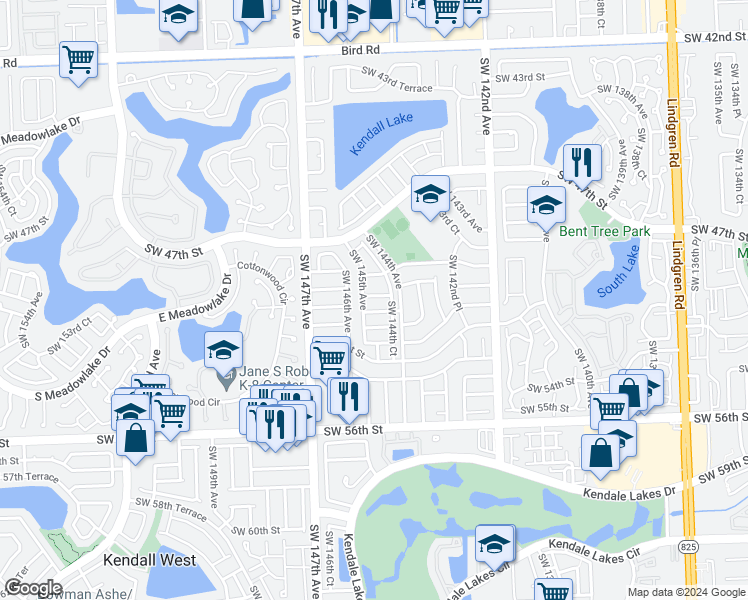 map of restaurants, bars, coffee shops, grocery stores, and more near 14450 Southwest 49th Street in Miami