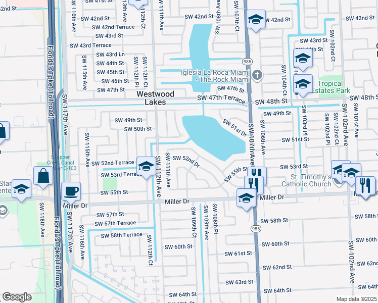 map of restaurants, bars, coffee shops, grocery stores, and more near 11034 Southwest 51st Terrace in Miami