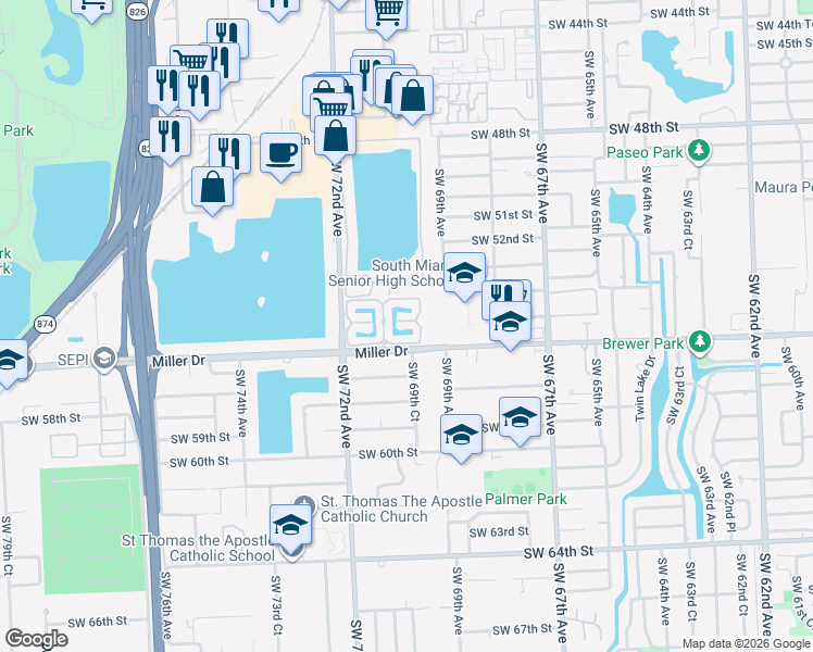 map of restaurants, bars, coffee shops, grocery stores, and more near 5541 Southwest 70th Place South in Miami