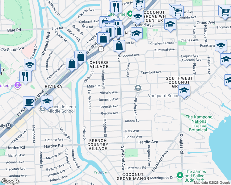 map of restaurants, bars, coffee shops, grocery stores, and more near 410 Vittorio Avenue in Coral Gables