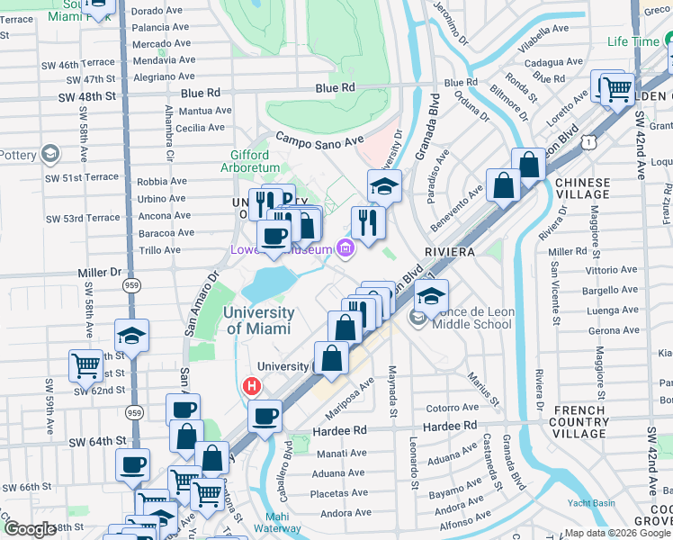 map of restaurants, bars, coffee shops, grocery stores, and more near 1277 Stanford Drive in Coral Gables