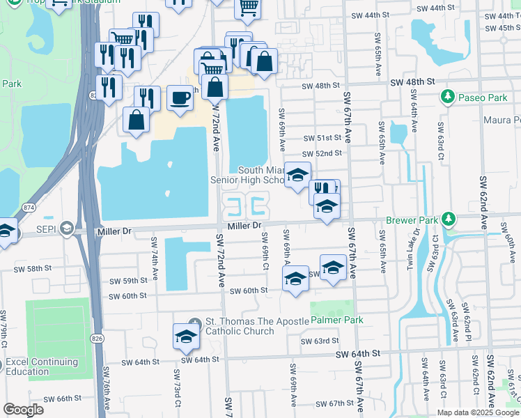 map of restaurants, bars, coffee shops, grocery stores, and more near 5541 Southwest 70th Place South in Miami