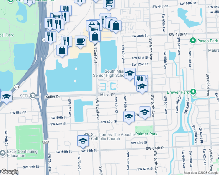 map of restaurants, bars, coffee shops, grocery stores, and more near 5541 Southwest 70th Place South in Miami