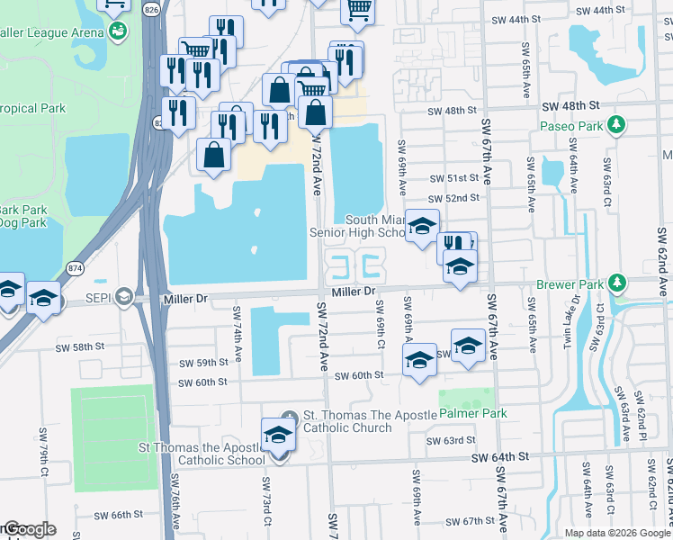 map of restaurants, bars, coffee shops, grocery stores, and more near 7170 Southwest 55th Terrace East in Miami