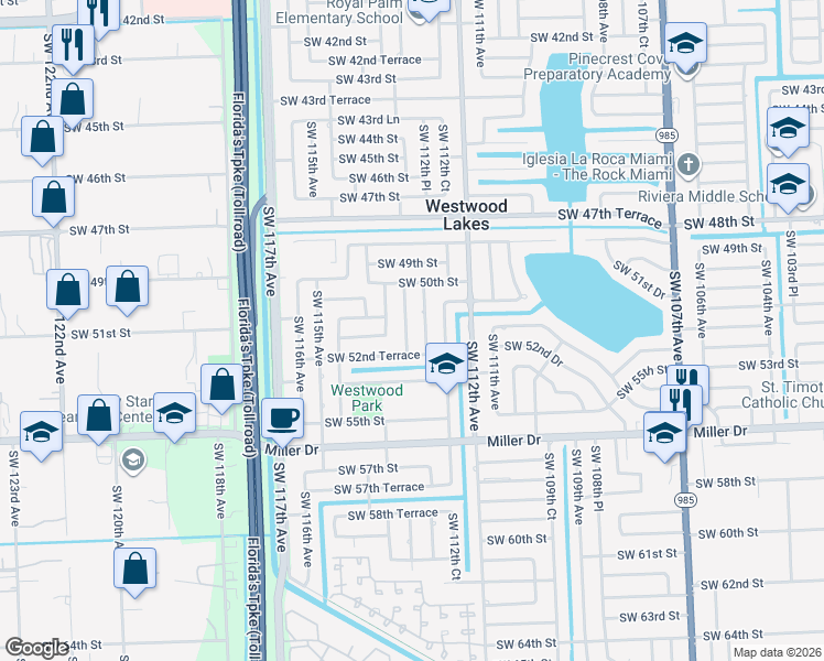 map of restaurants, bars, coffee shops, grocery stores, and more near 5135 Southwest 113th Avenue in Miami