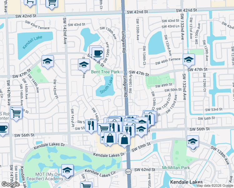 map of restaurants, bars, coffee shops, grocery stores, and more near 5010 Southwest 138th Avenue Circle in Miami
