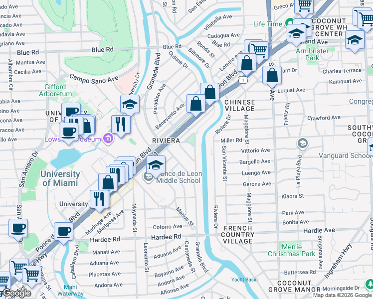 map of restaurants, bars, coffee shops, grocery stores, and more near 5508 Sardinia Street in Coral Gables