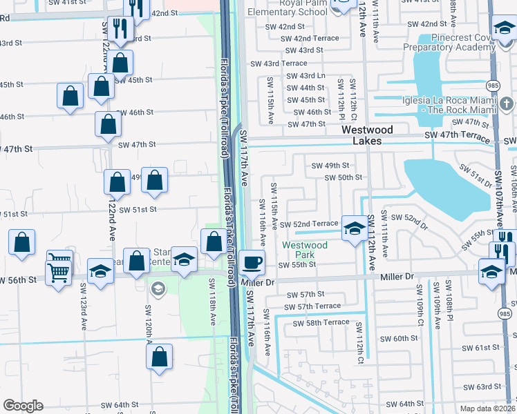 map of restaurants, bars, coffee shops, grocery stores, and more near 5120 Southwest 116th Avenue in Miami