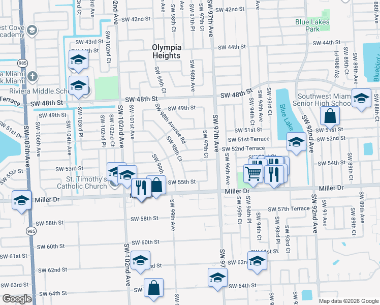 map of restaurants, bars, coffee shops, grocery stores, and more near 9820 Southwest 53rd Street in Miami