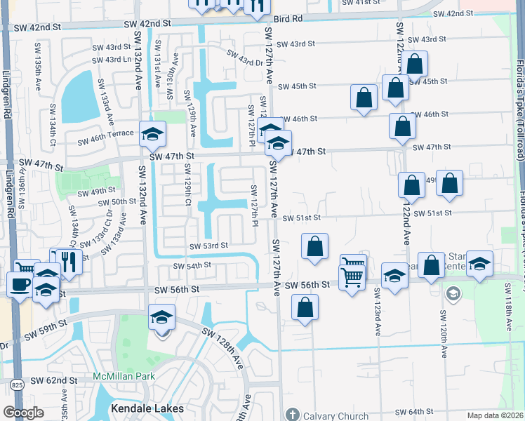map of restaurants, bars, coffee shops, grocery stores, and more near 12750 Southwest 50th Terrace in Miami