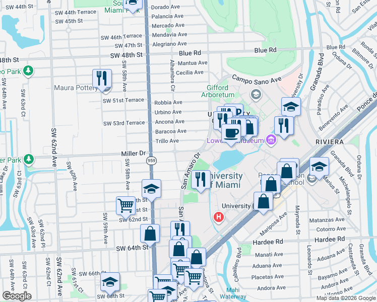 map of restaurants, bars, coffee shops, grocery stores, and more near 1400 Miller Road in Coral Gables