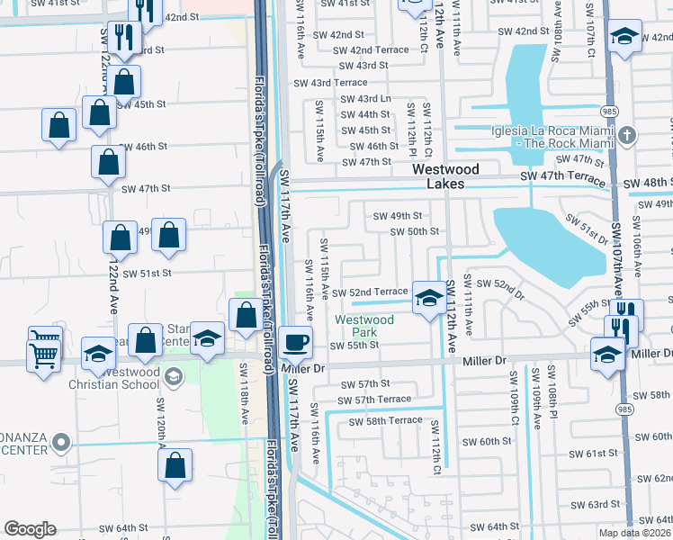 map of restaurants, bars, coffee shops, grocery stores, and more near 5120 Southwest 114th Court in Miami