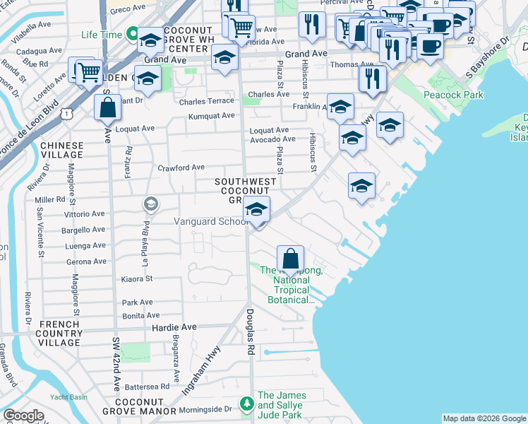 map of restaurants, bars, coffee shops, grocery stores, and more near 3b Bougainvillea Road in Miami