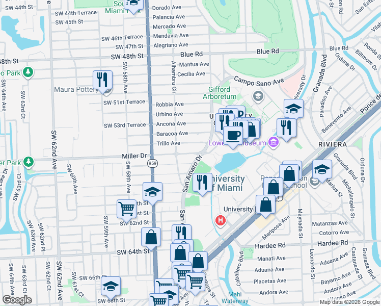 map of restaurants, bars, coffee shops, grocery stores, and more near 1400 Miller Road in Coral Gables