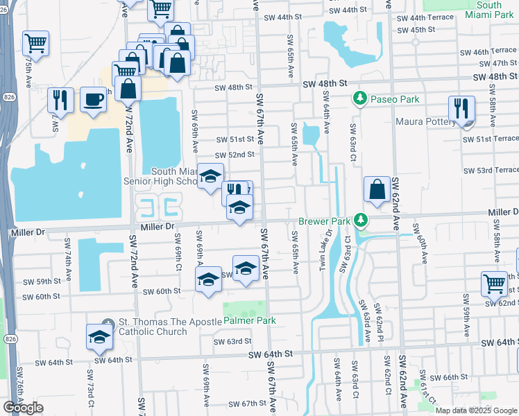 map of restaurants, bars, coffee shops, grocery stores, and more near 5500 Southwest 67th Avenue in Miami