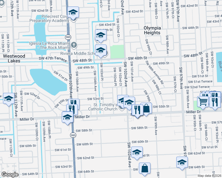map of restaurants, bars, coffee shops, grocery stores, and more near 5205 Southwest 103rd Avenue in Miami