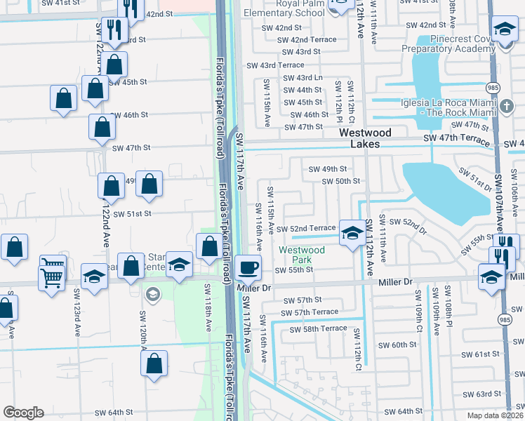 map of restaurants, bars, coffee shops, grocery stores, and more near 5120 Southwest 116th Avenue in Miami