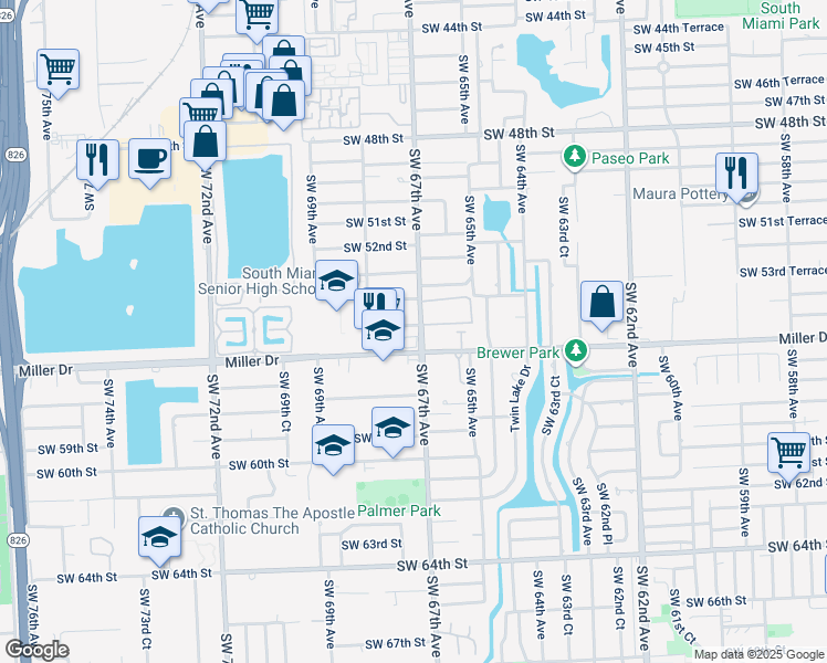 map of restaurants, bars, coffee shops, grocery stores, and more near 5500 Southwest 67th Avenue in Miami