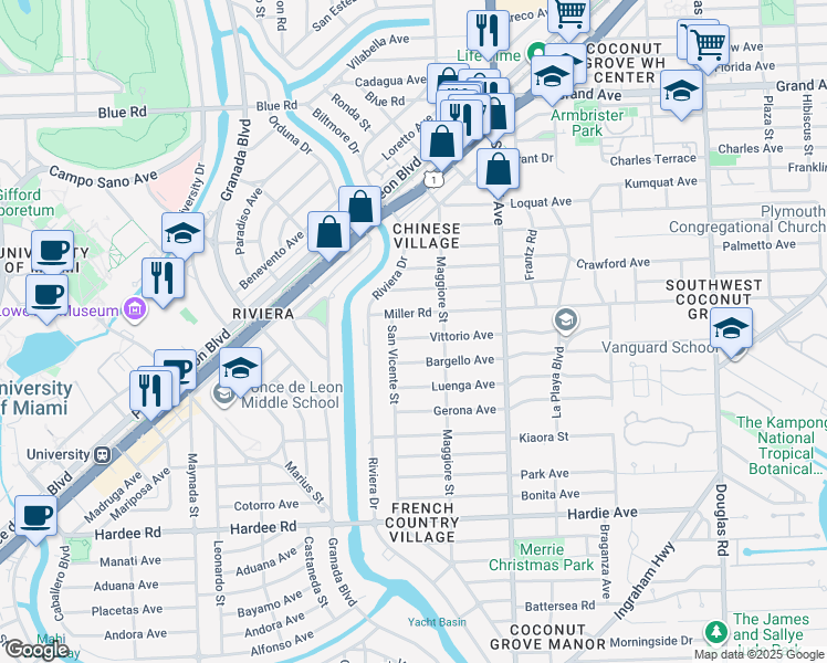 map of restaurants, bars, coffee shops, grocery stores, and more near 525 Vittorio Avenue in Coral Gables
