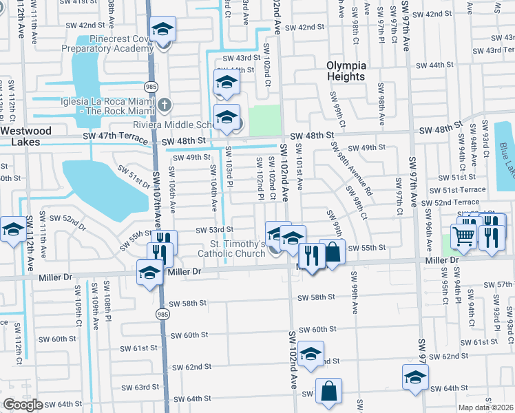 map of restaurants, bars, coffee shops, grocery stores, and more near 5205 SW 103rd Ave in Miami