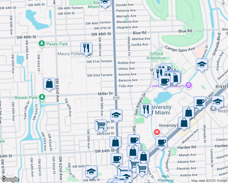 map of restaurants, bars, coffee shops, grocery stores, and more near 5705 Southwest 56th Street in Miami