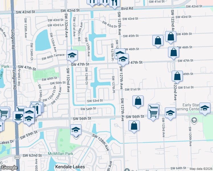 map of restaurants, bars, coffee shops, grocery stores, and more near 12825 Southwest 50th Lane in Miami