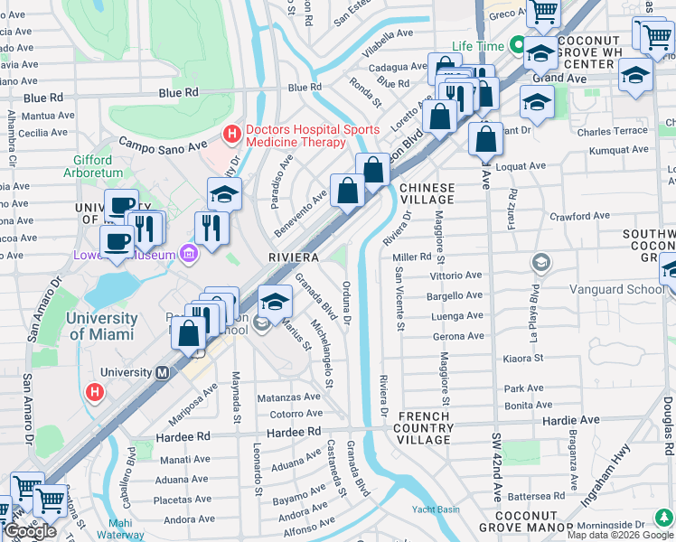 map of restaurants, bars, coffee shops, grocery stores, and more near 5515 Orduna Drive in Coral Gables