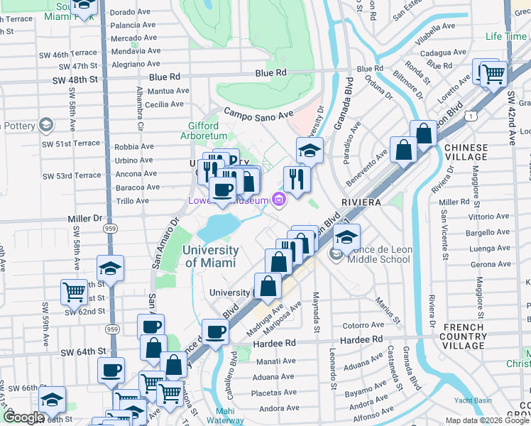 map of restaurants, bars, coffee shops, grocery stores, and more near in Coral Gables
