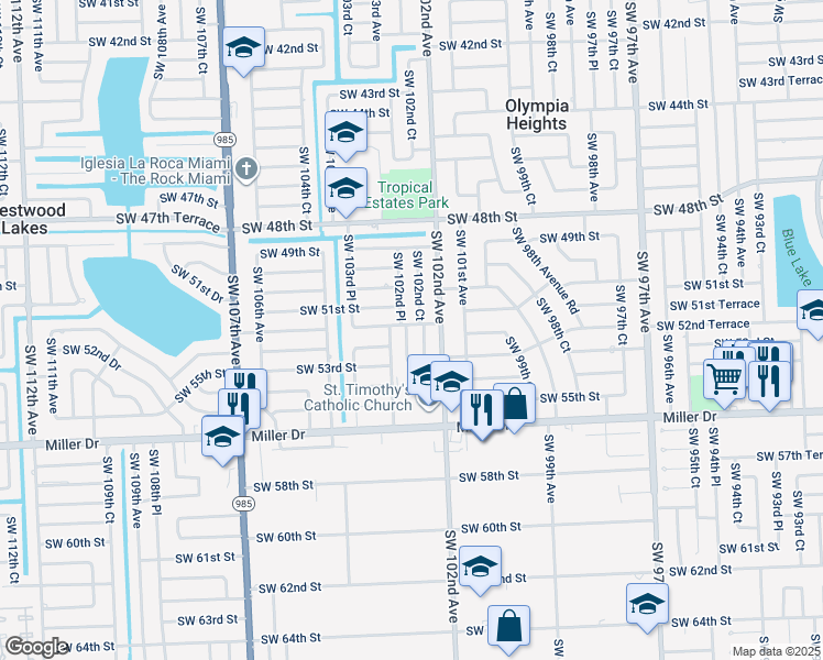 map of restaurants, bars, coffee shops, grocery stores, and more near 5213 Southwest 102nd Court in Miami