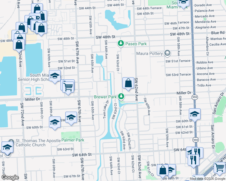 map of restaurants, bars, coffee shops, grocery stores, and more near 5525 Southwest 64th Avenue in Miami