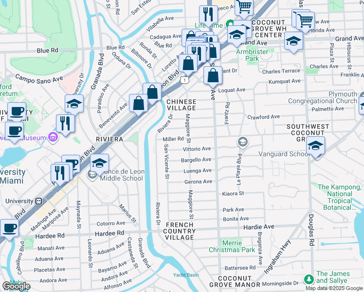 map of restaurants, bars, coffee shops, grocery stores, and more near 525 Vittorio Avenue in Coral Gables