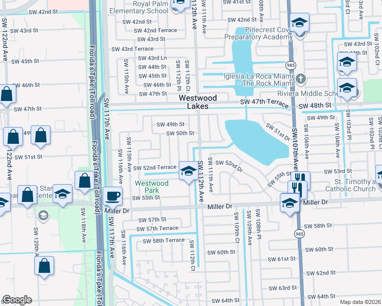 map of restaurants, bars, coffee shops, grocery stores, and more near 5125 Southwest 112th Court in Miami