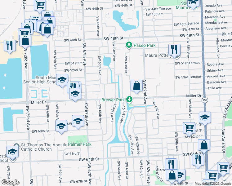 map of restaurants, bars, coffee shops, grocery stores, and more near 5525 SW 64th Ave in Miami