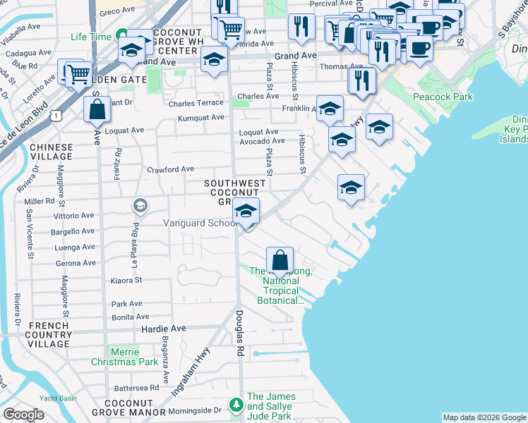 map of restaurants, bars, coffee shops, grocery stores, and more near 3b Bougainvillea Road in Miami