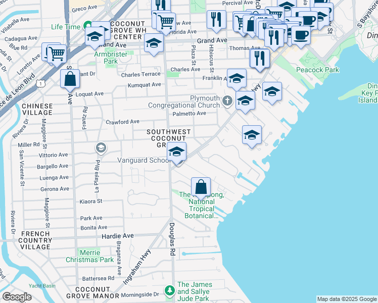map of restaurants, bars, coffee shops, grocery stores, and more near 3b Bougainvillea Road in Miami