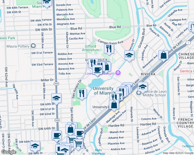 map of restaurants, bars, coffee shops, grocery stores, and more near 1330 Miller Drive in Coral Gables