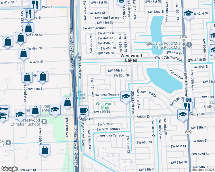 map of restaurants, bars, coffee shops, grocery stores, and more near 11365 Southwest 52nd Street in Miami