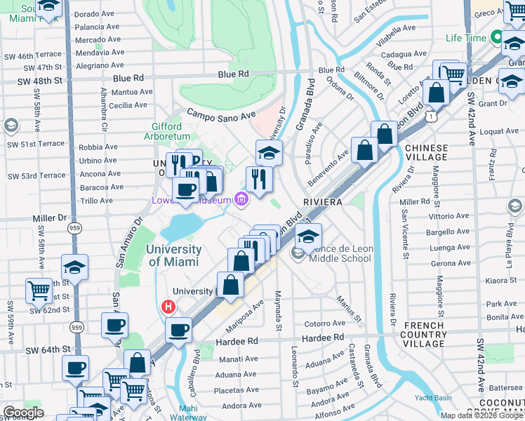 map of restaurants, bars, coffee shops, grocery stores, and more near 5149-5167 Ponce De Leon Boulevard in Coral Gables