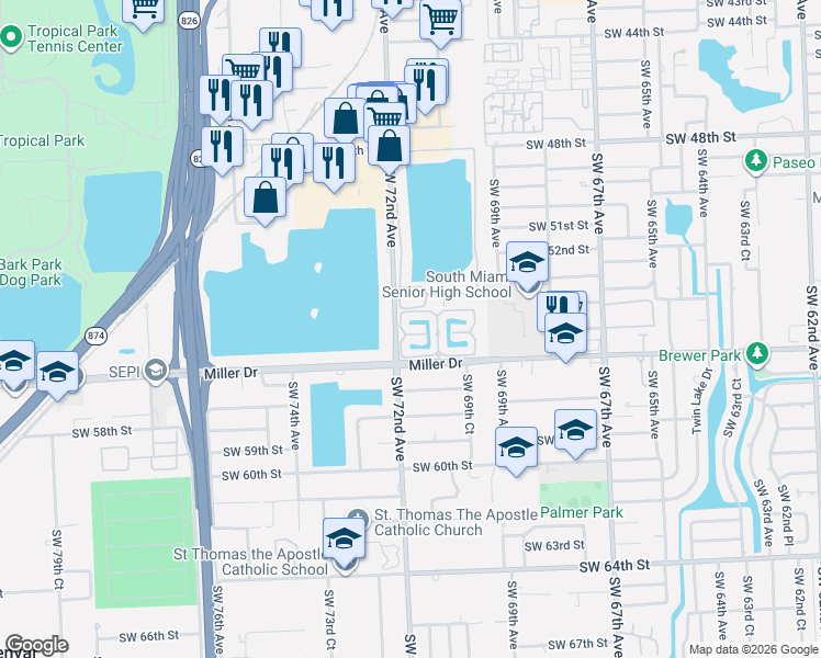 map of restaurants, bars, coffee shops, grocery stores, and more near 7170 Southwest 55th Terrace East in Miami