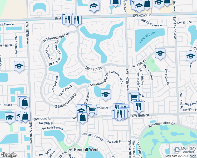 map of restaurants, bars, coffee shops, grocery stores, and more near 14950 Southwest 49th Lane in Miami
