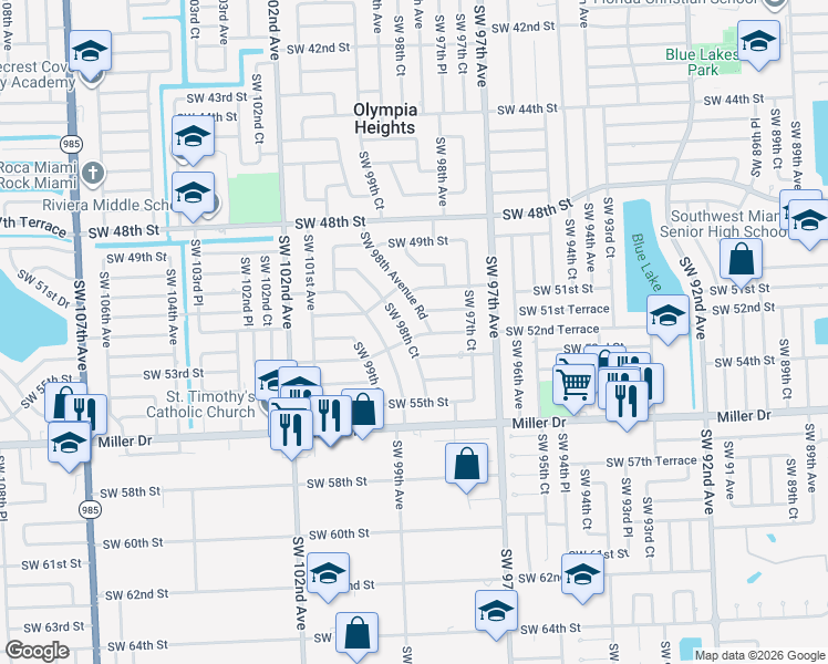 map of restaurants, bars, coffee shops, grocery stores, and more near 9820 Southwest 53rd Street in Miami