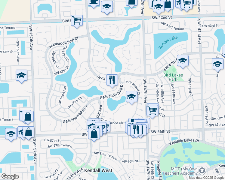 map of restaurants, bars, coffee shops, grocery stores, and more near 14950 Southwest 49th Lane in Miami