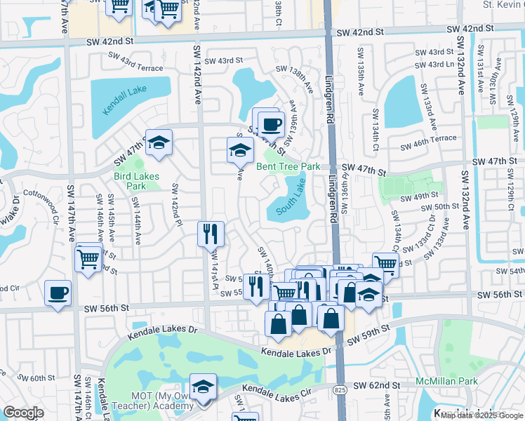 map of restaurants, bars, coffee shops, grocery stores, and more near 5103 Southwest 139th Court in Miami