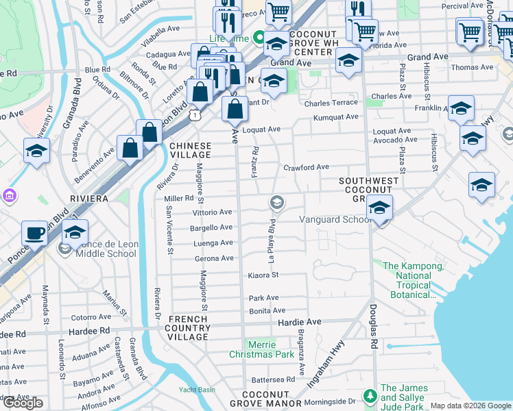map of restaurants, bars, coffee shops, grocery stores, and more near 4145 Pamona Avenue in Coconut Grove