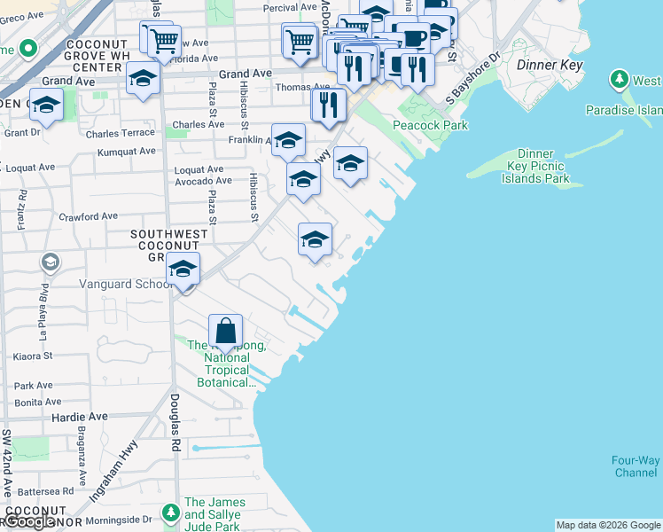 map of restaurants, bars, coffee shops, grocery stores, and more near 3595 Anchorage Way in Miami