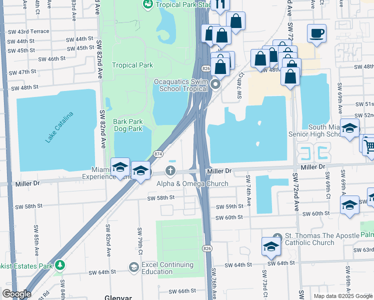 map of restaurants, bars, coffee shops, grocery stores, and more near 5501 Southwest 77th Court in Miami