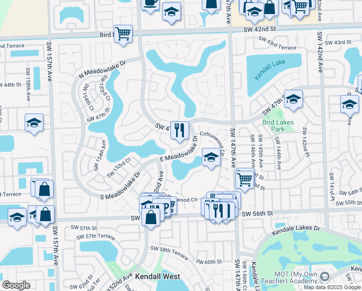 map of restaurants, bars, coffee shops, grocery stores, and more near 14950 Southwest 49th Lane in Miami